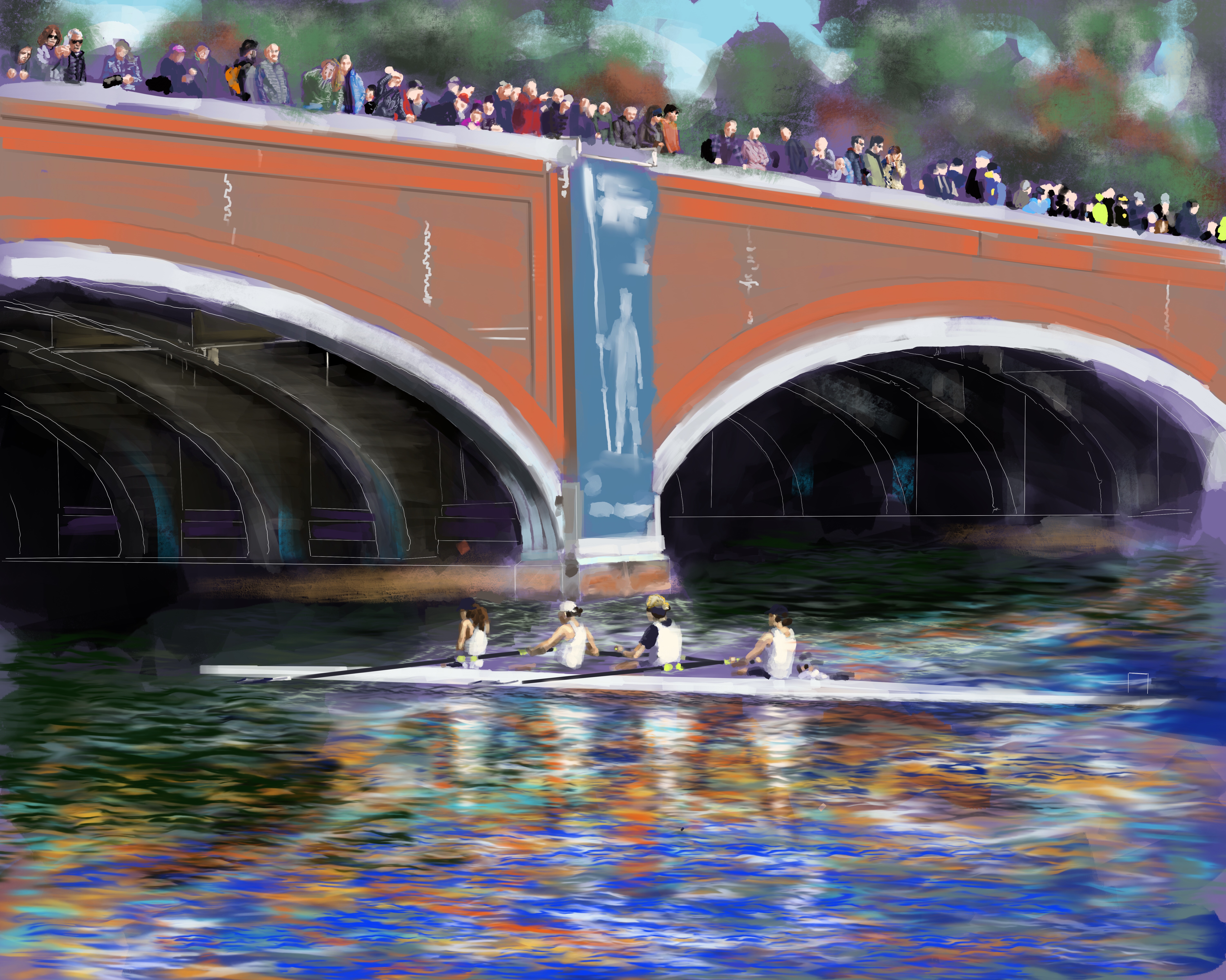 Painting of a Women's four rowing out from under a bridge during Head of the Charles Regatta